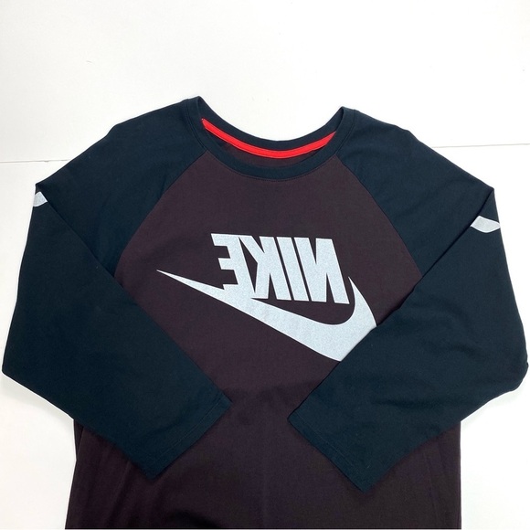 NIKE Logo Spell out 3/4 Sleeve Color Block Baseball Shirt in Brown / Back - Picture 3 of 8